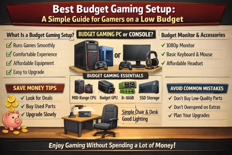 Infographic showing a budget gaming setup with PC or console, 1080p monitor, keyboard, mouse, headset, and tips for saving money and avoiding common mistakes.