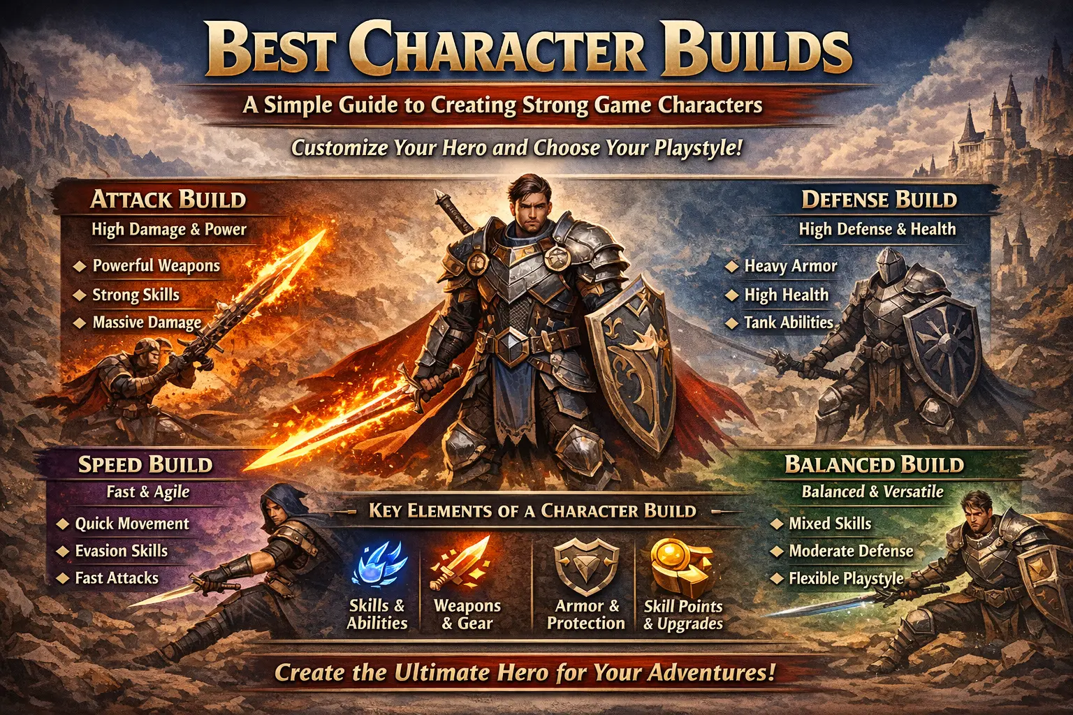 Infographic showing best character builds in video games including attack, defense, speed, and balanced builds