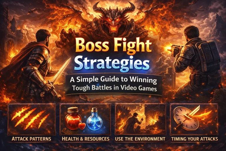 Illustration of a boss fight in a video game showing two heroes facing a fiery, monstrous boss with attack patterns, health potions, environmental advantages, and timed attack icons.