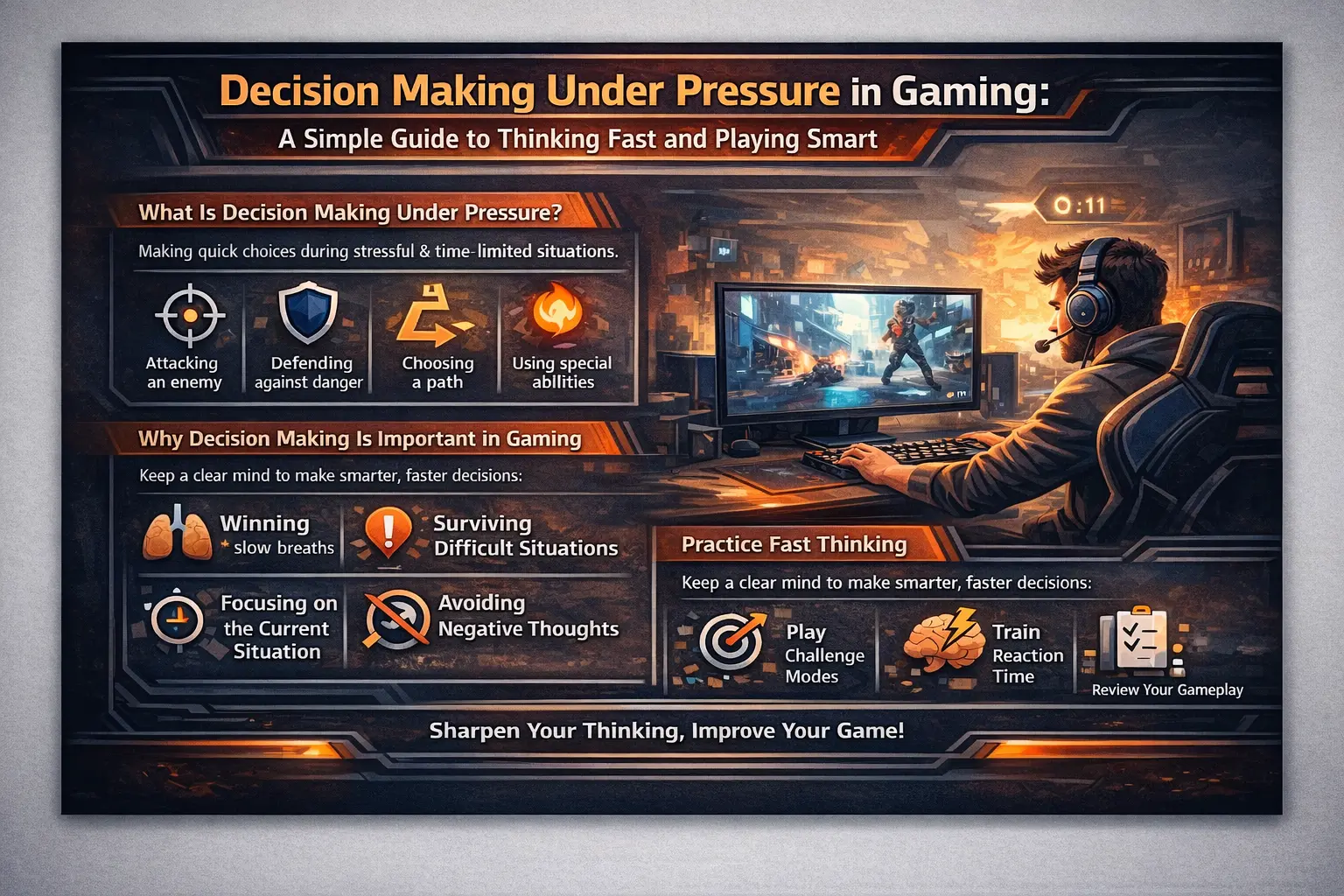 Gamer making fast decisions during an intense competitive video game match on a PC gaming setup.