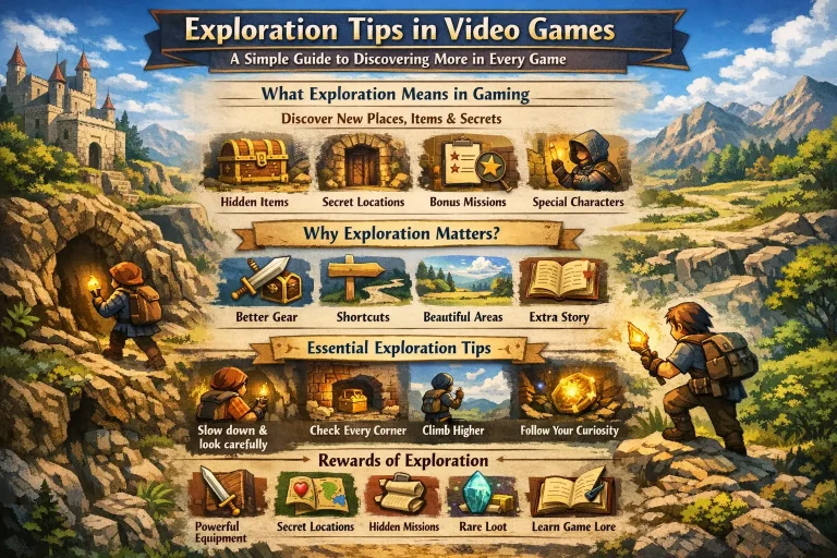 A gamer exploring a large fantasy game world discovering hidden treasure, secret locations, and adventure paths.