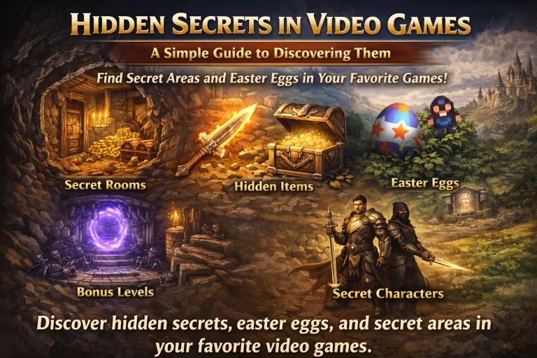 Illustration showing hidden secrets in video games including secret rooms, easter eggs, and hidden items