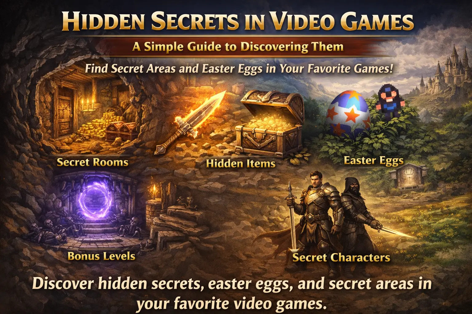 Illustration showing hidden secrets in video games including secret rooms, easter eggs, and hidden items