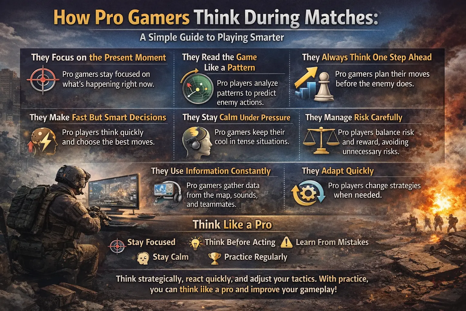 Infographic showing how pro gamers think during matches including focus, prediction, decision making, and staying calm under pressure