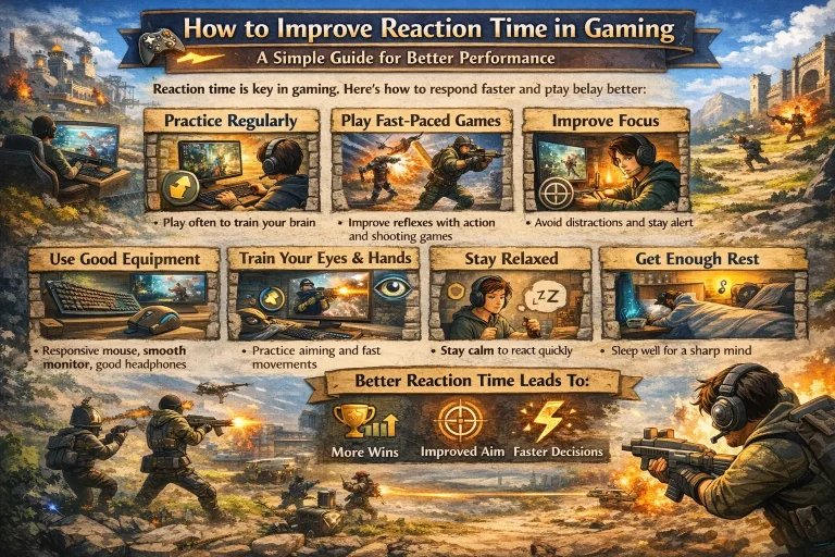 A gamer practicing fast reaction skills in an action video game using a controller and headset.