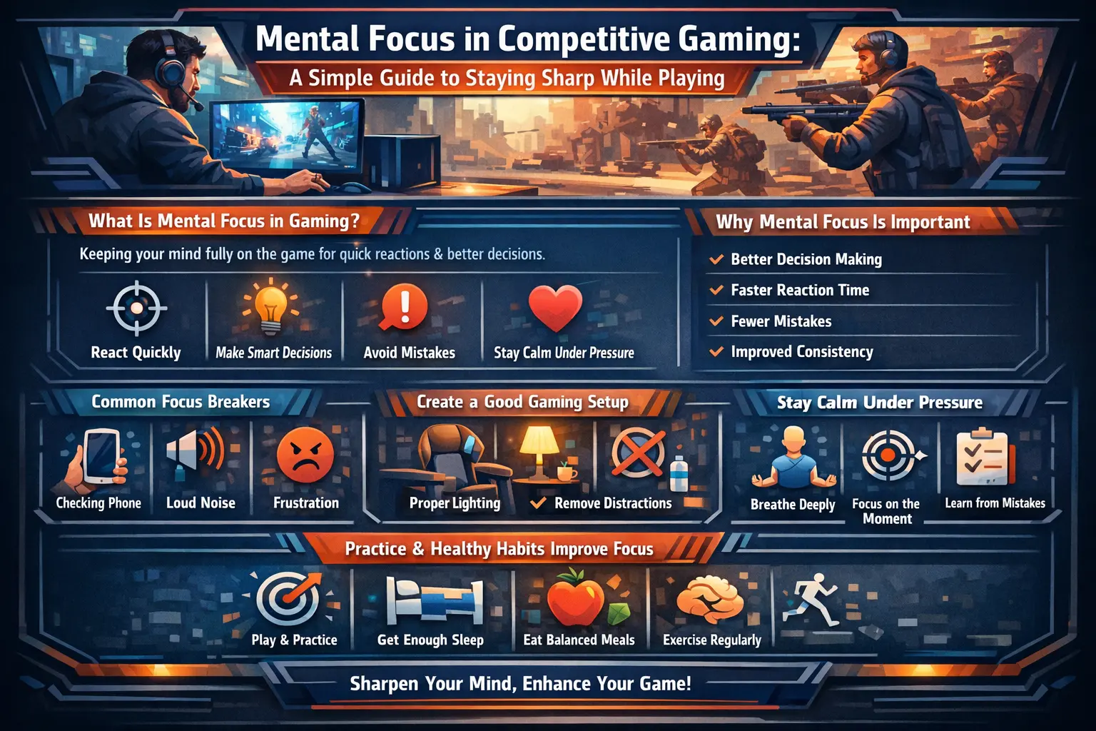 Player maintaining strong mental focus while playing a competitive video game on a gaming PC setup.