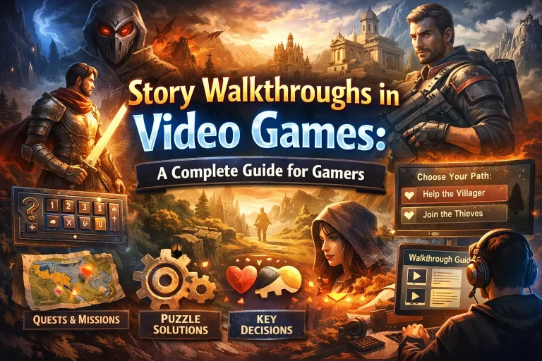 Illustration showing gamers exploring a fantasy and action game world with quests, puzzle solutions, and story walkthrough guides.