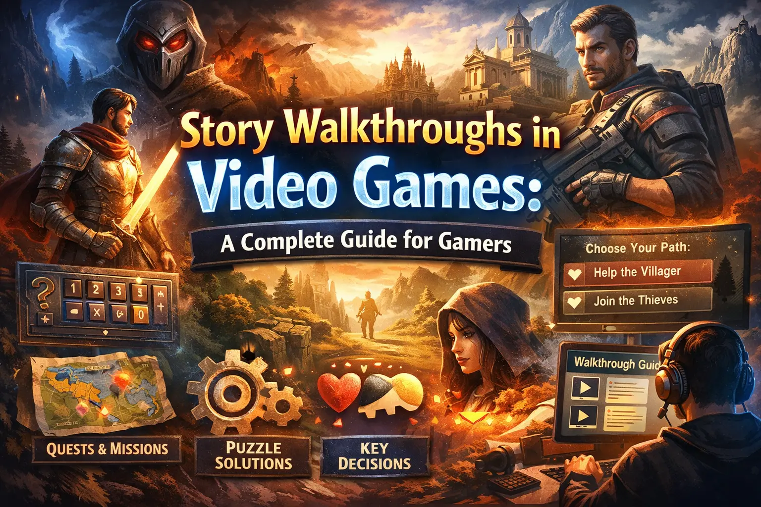 Illustration showing gamers exploring a fantasy and action game world with quests, puzzle solutions, and story walkthrough guides.