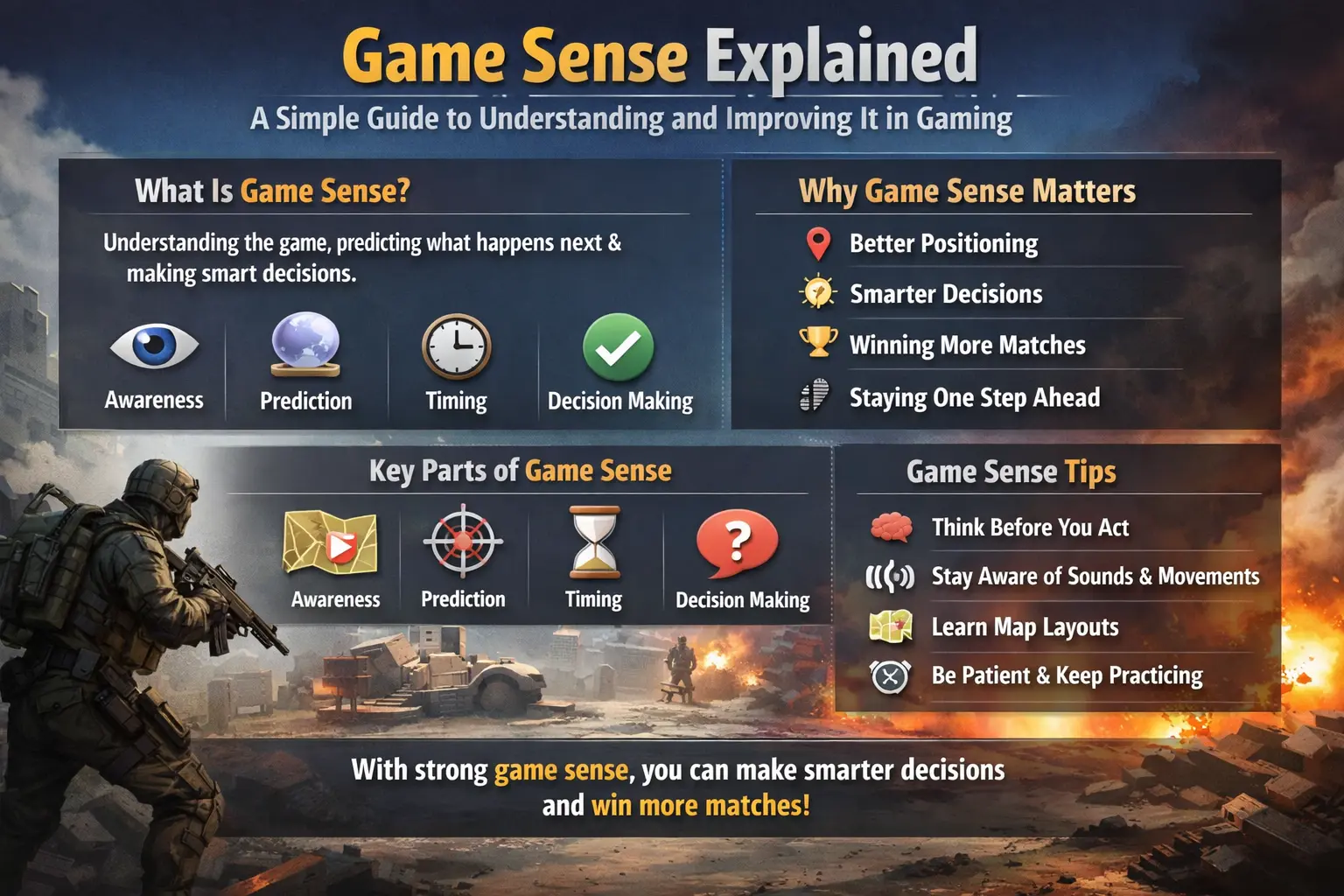 Infographic showing game sense in gaming including awareness, prediction, timing, and decision-making with tips to improve gameplay