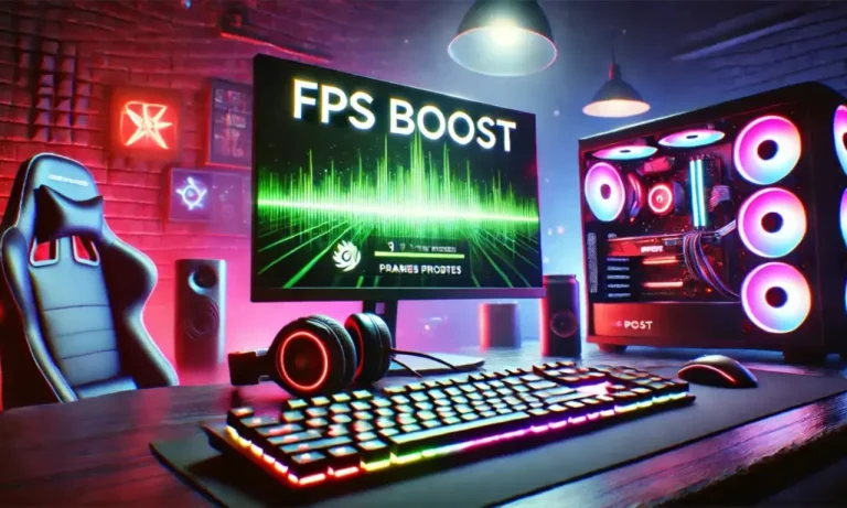 Gaming PC screen showing FPS boost, performance optimization, and smooth gameplay settings